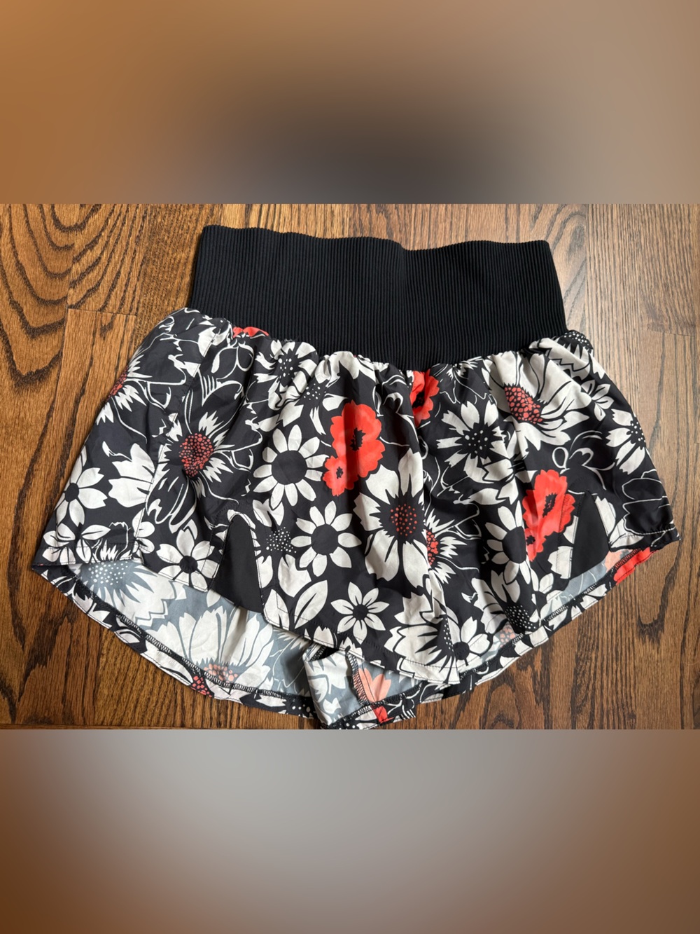 FP Movement by Free People Black Floral Athletic Shorts with Red Accents
